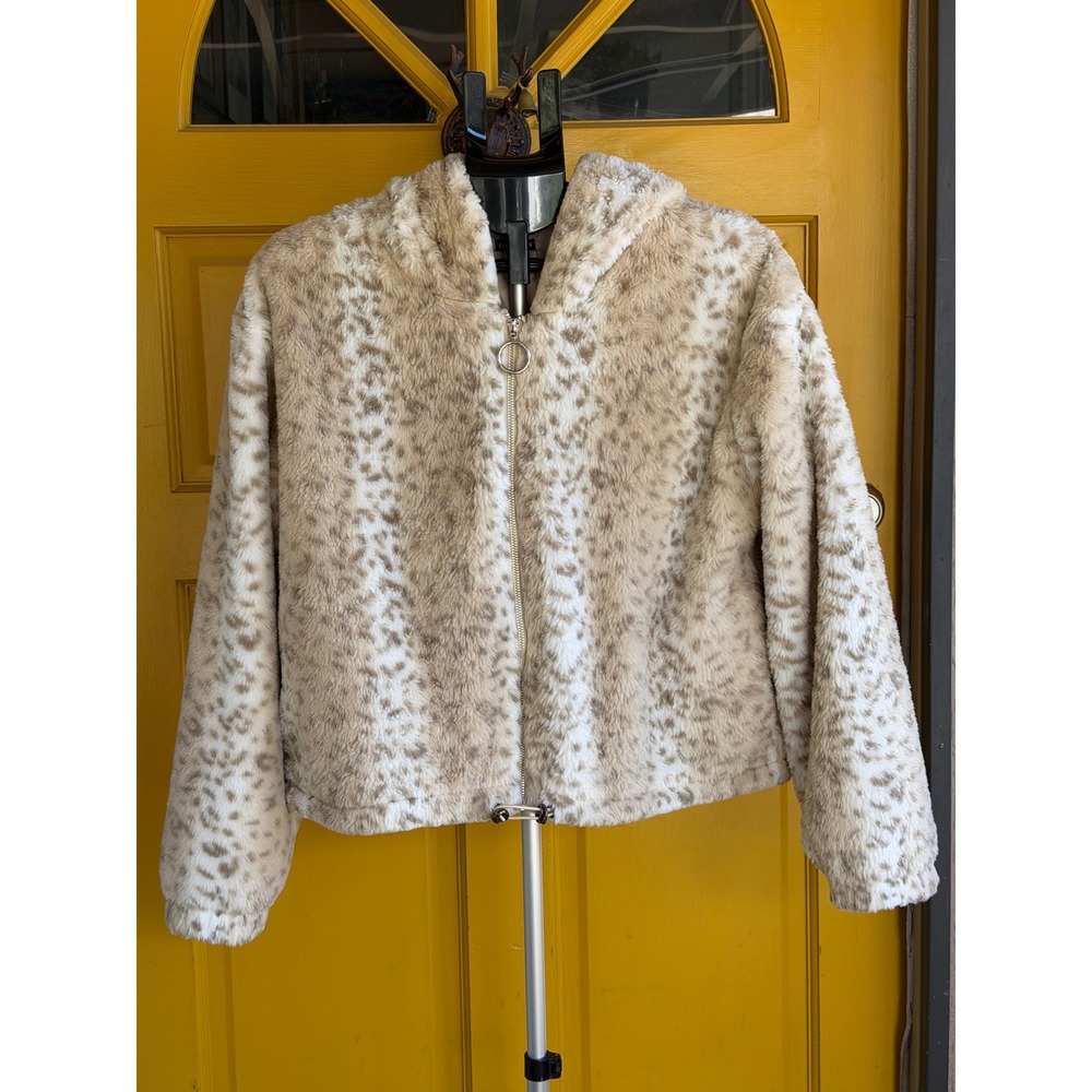 Free Haven Juniors Leopard Faux Fur Hooded Jacket Tan Cream Full Zip Medium